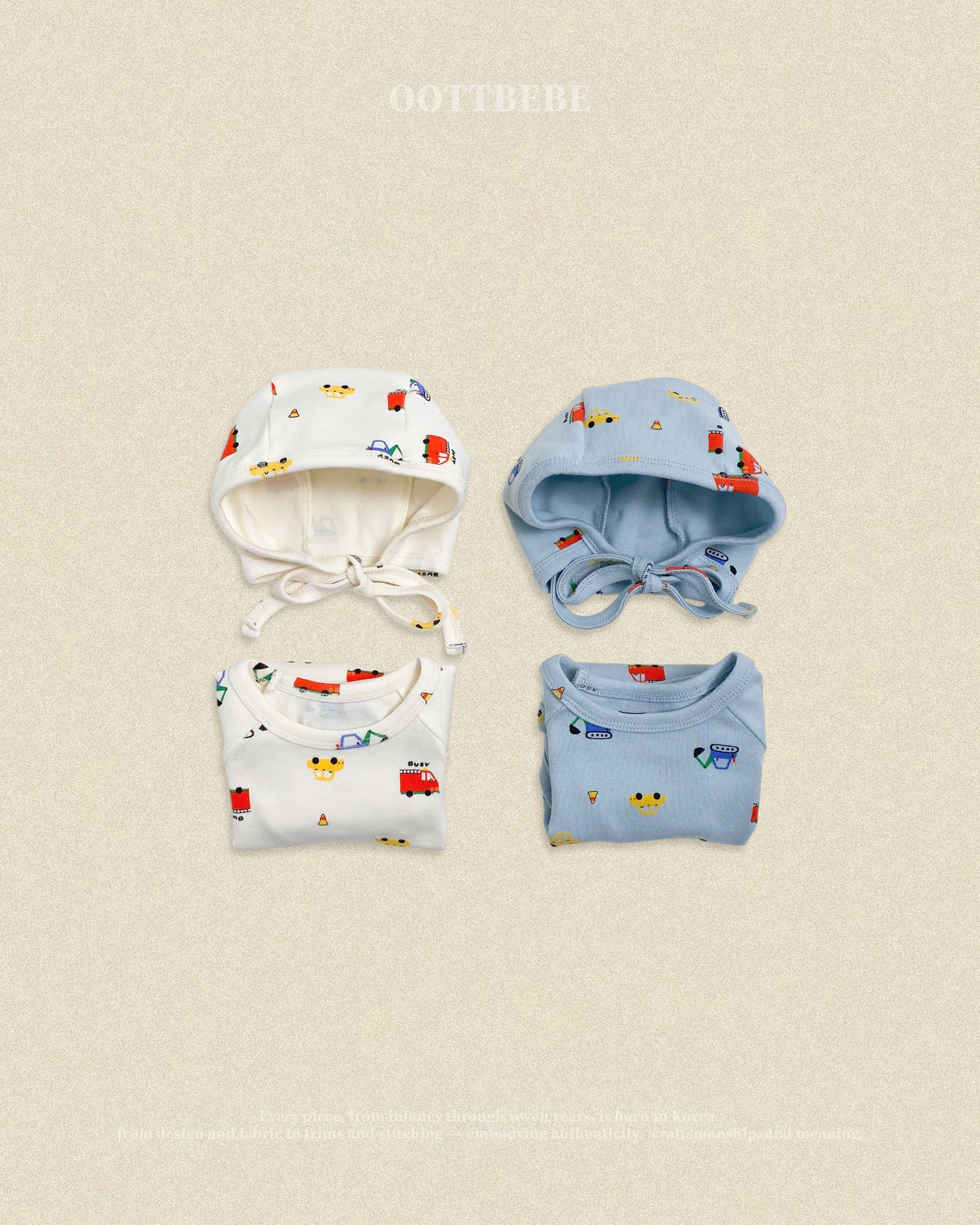 (Pre-order) OOTTBEBE Fall - Cute Car Romper & Bonnet Set 자동차슈트세트 (2 Colors)