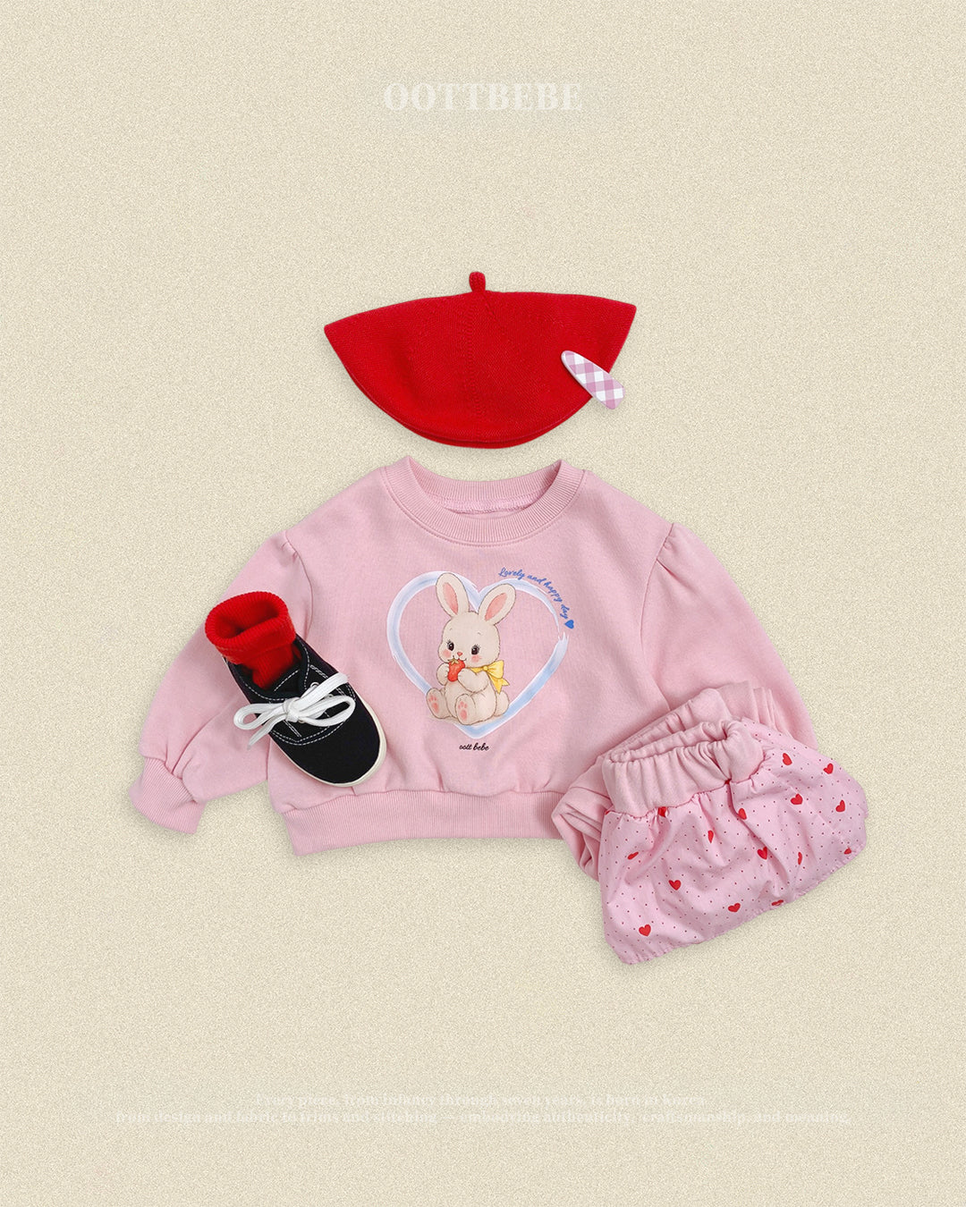 (Pre-order) OOTTBEBE Fall - Cutie Rabbit Top & Bottom Set - 큐티레빗상하복 (2 Colors)