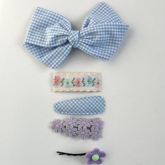 (Chenny Bong Bong) Kids’ Blue Check Hair Clips 5-piece Set