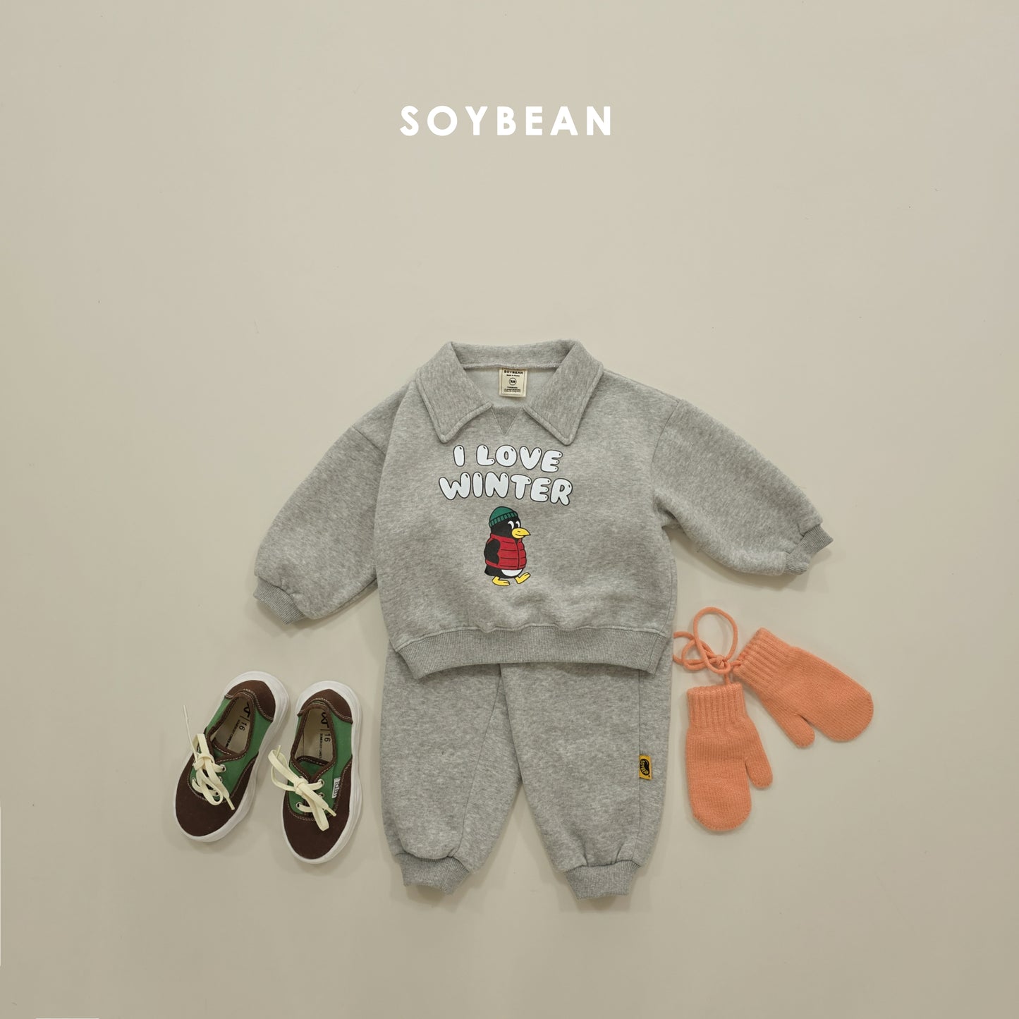 (Pre-order) Soybean Kids Winter - Cozy Penguin Collar Fleece-Lined Top & Bottom Set 포근펭귄카라상하복 (2 Colors)