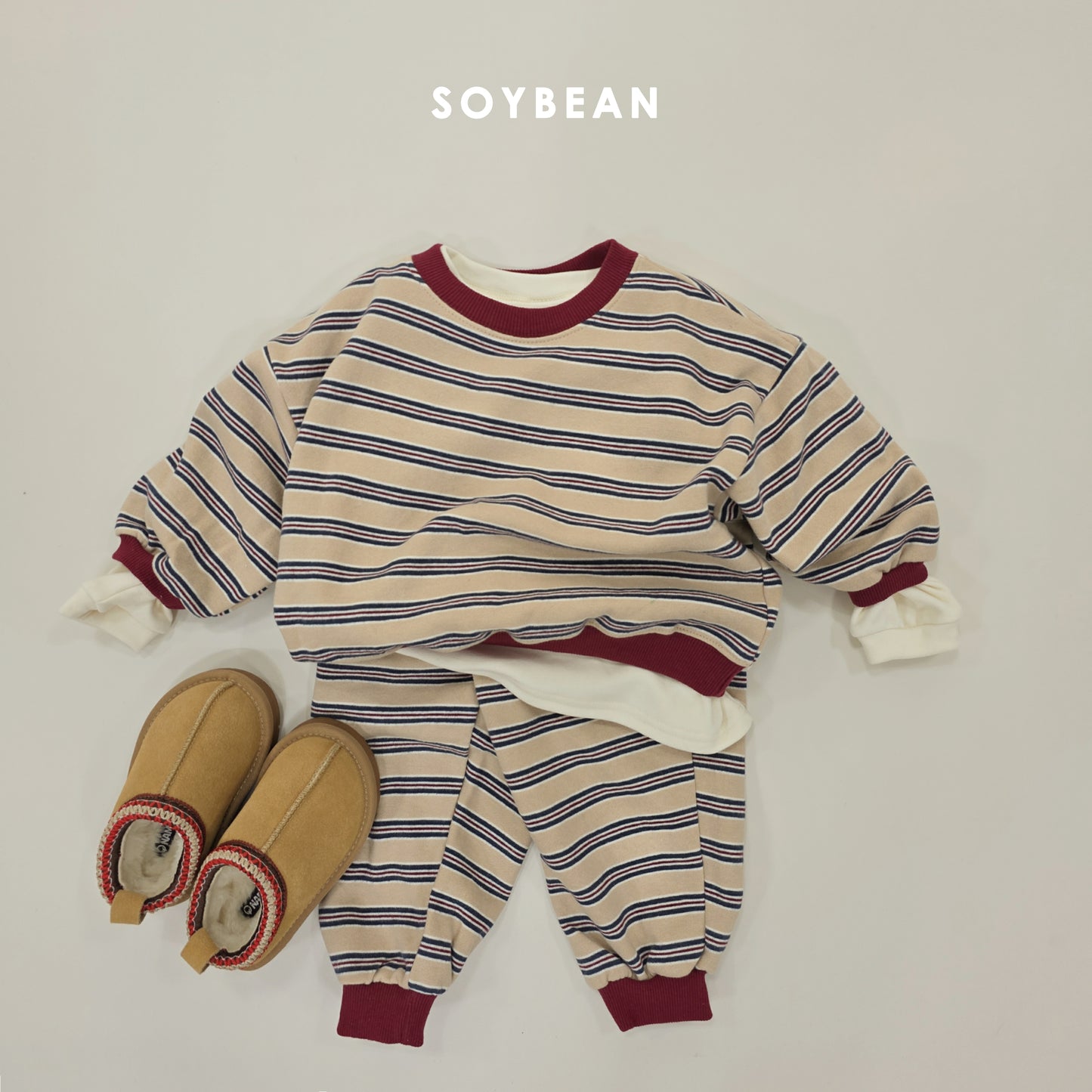 (Pre-order) Soybean Kids Winter - Color Block Stripe Fleece-Lined Top & Bottom Set 톡톡줄배색상하복 (3 Colors)