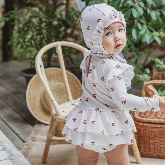 (Pre-order) KoongsKoongs Kids’ Premium Le Cherry Ruffle Rash Guard Dress Set (Ivory)