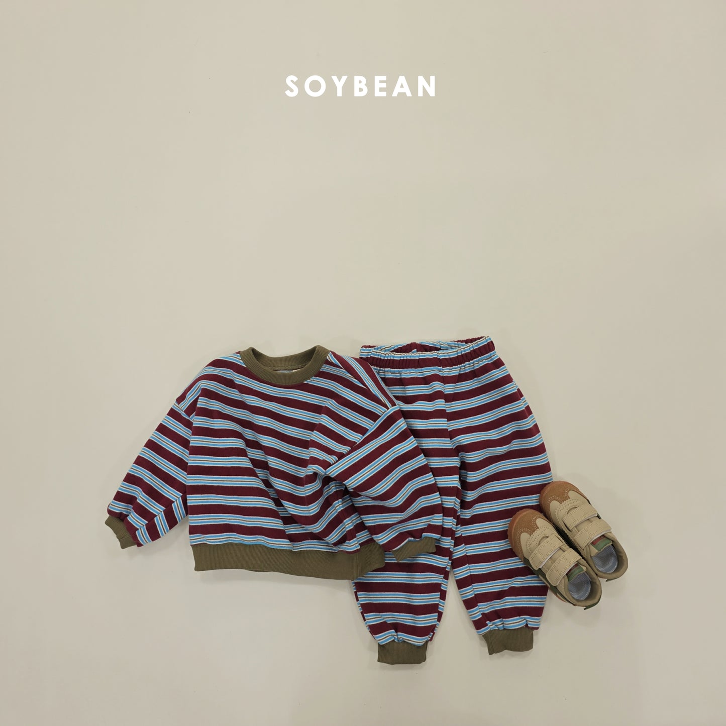 (Pre-order) Soybean Kids Winter - Color Block Stripe Fleece-Lined Top & Bottom Set 톡톡줄배색상하복 (3 Colors)