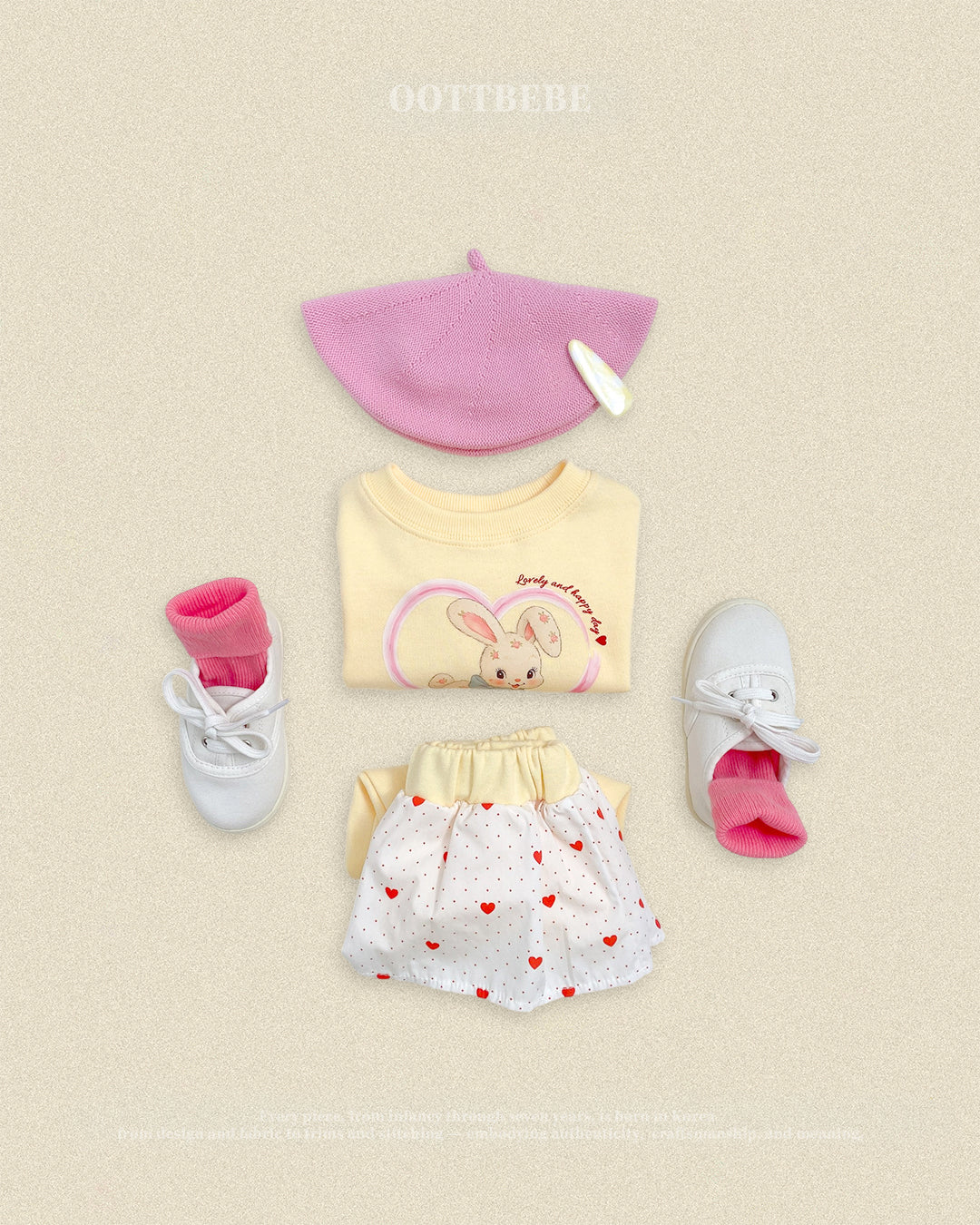 (Pre-order) OOTTBEBE Fall - Cutie Rabbit Top & Bottom Set - 큐티레빗상하복 (2 Colors)