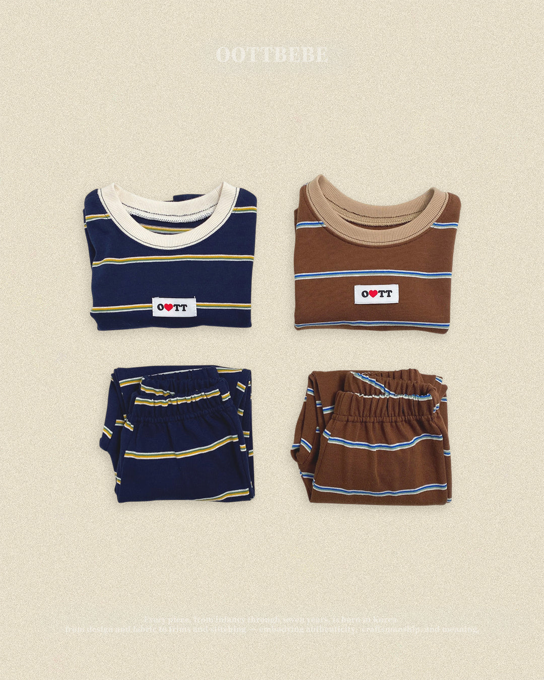 (Pre-order) OOTTBEBE Fall - Rookie Stripe Top & Bottom Set - 루키단가라상하복 (2 Colors)