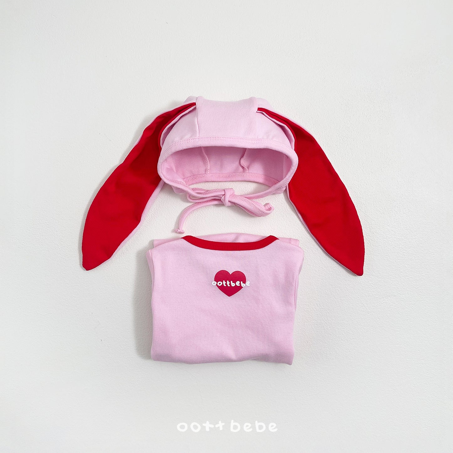 (Pre-order) OOTTBEBE Spring - Modal Heart Romper & Bunny Ear Bonnet Set 모달하트전신슈트+토끼보넷 (4 Colors)