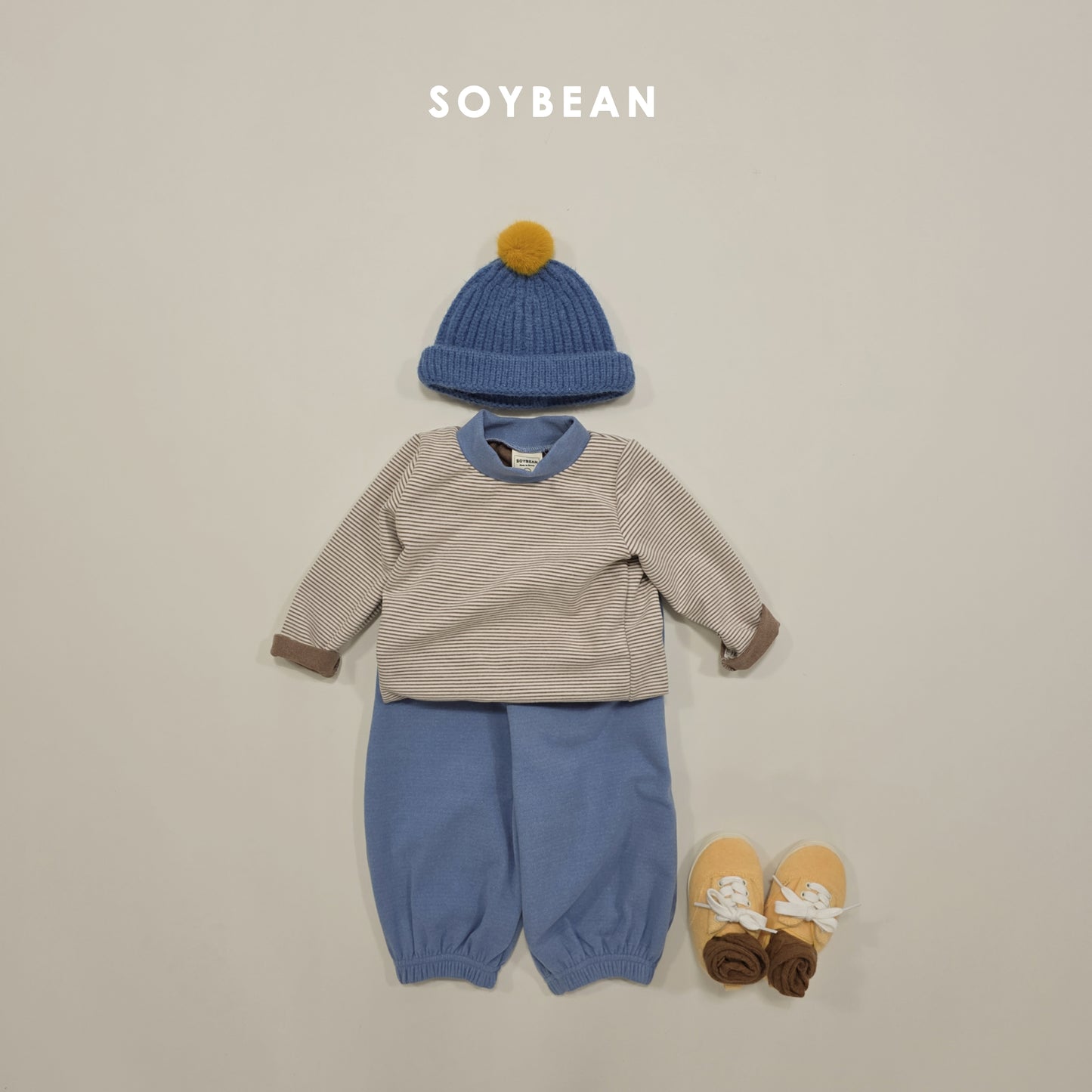(Pre-order) Soybean Kids Winter - Bong Bong Stripe Fleece-Lined Top & Bottom Set 봉봉단가라상하 (3 Colors)