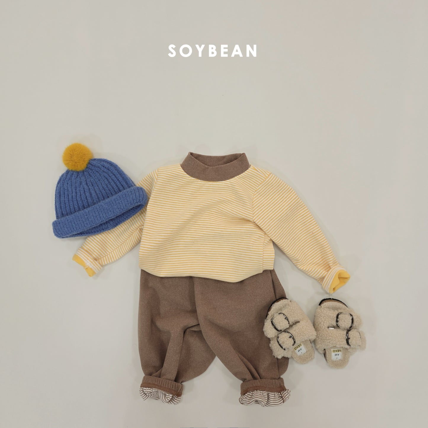 (Pre-order) Soybean Kids Winter - Bong Bong Stripe Fleece-Lined Top & Bottom Set 봉봉단가라상하 (3 Colors)