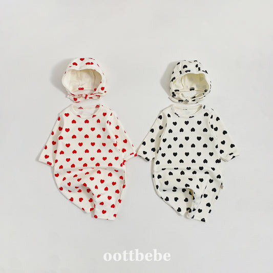 (Pre-order) OOTTBEBE Winter - Heart Full Suit + Bonnet Set 하트전신슈트+보넷set (2 Colors)