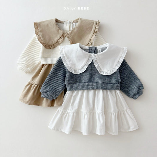 (Pre-order) Daily Bebe - Kids' Knit Collar Layered Dress 니트 배색 원피스 (2 Colors)