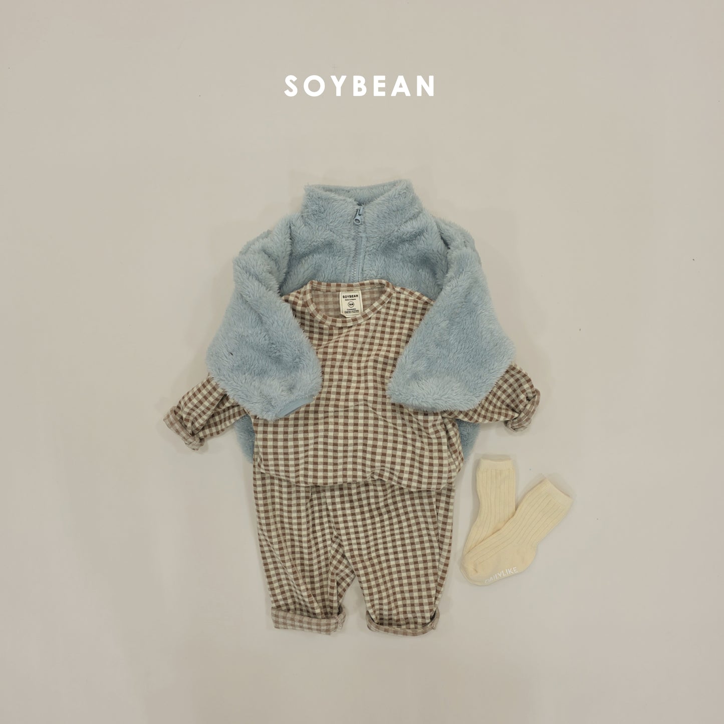 (Pre-order) Soybean Kids Winter - Check Cozy Fleece Top & Bottom Set 체크몽글실내복 (3 Colors)