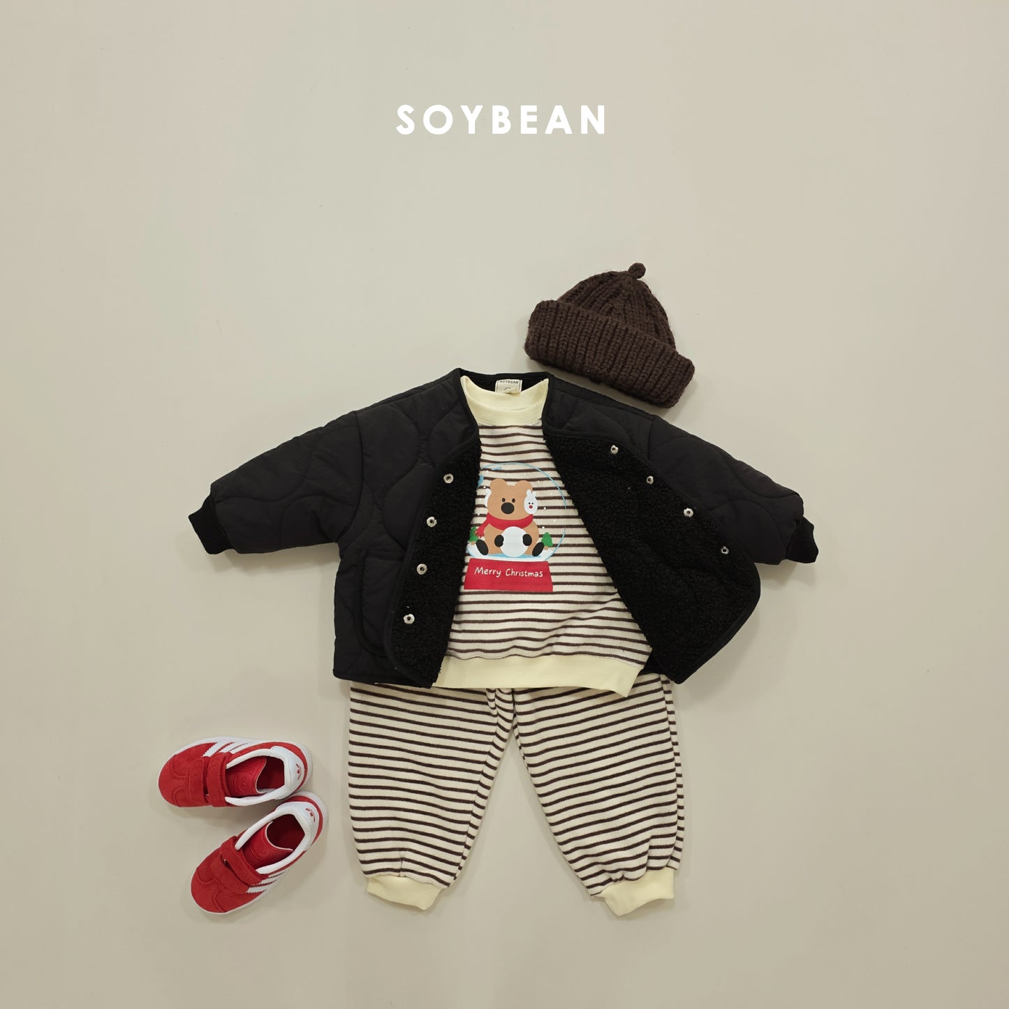 (Pre-order) Soybean Kids Winter - Snowball Stripe Fleece-Lined Top & Bottom Set 스노우볼단가라상하 (3 Colors)