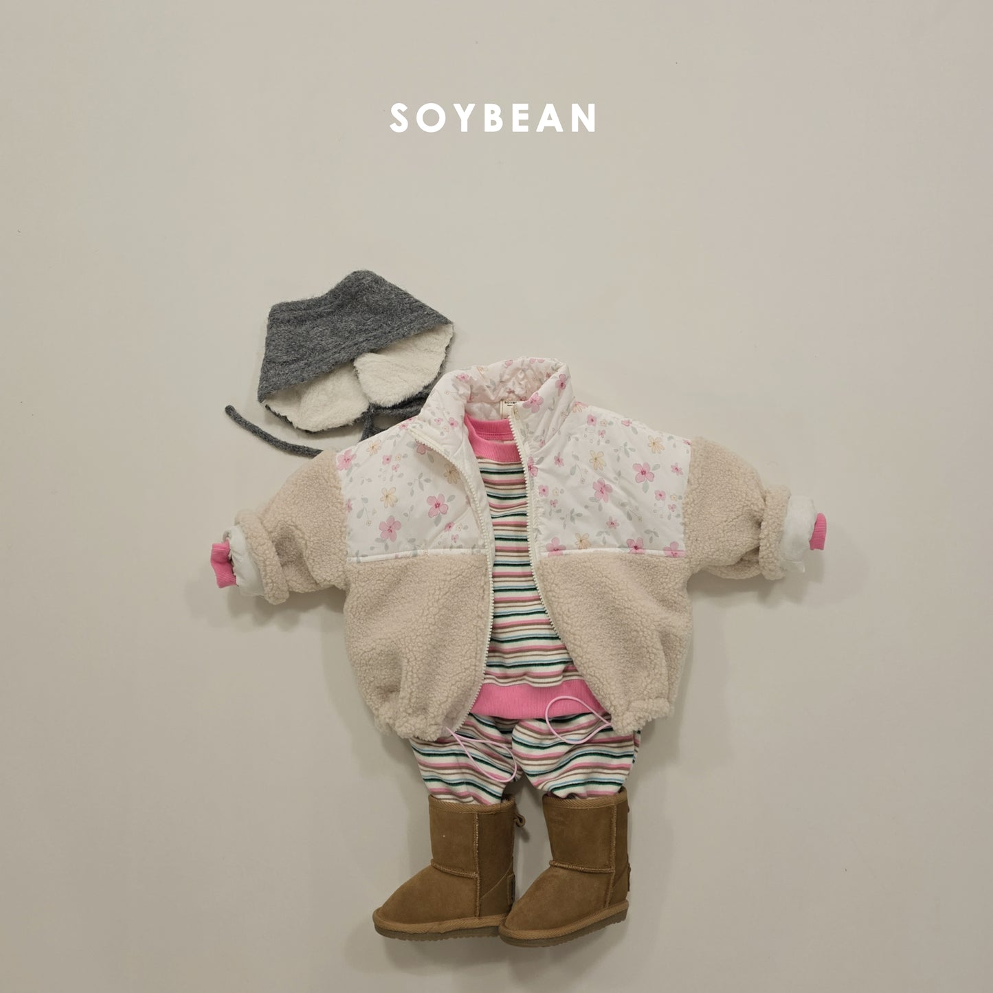 (Pre-order) Soybean Kids Winter - Rainbow Mochi Fleece-Lined Top & Bottom Set 무지개모찌상하복 (2 Colors)
