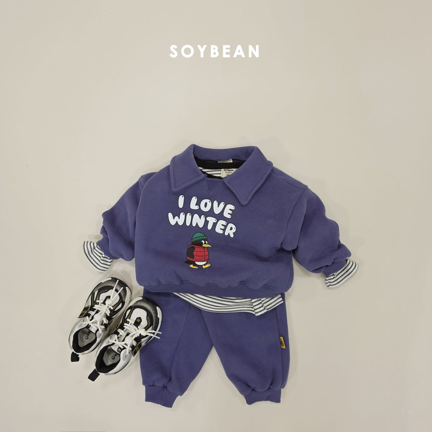 (Pre-order) Soybean Kids Winter - Cozy Penguin Collar Fleece-Lined Top & Bottom Set 포근펭귄카라상하복 (2 Colors)