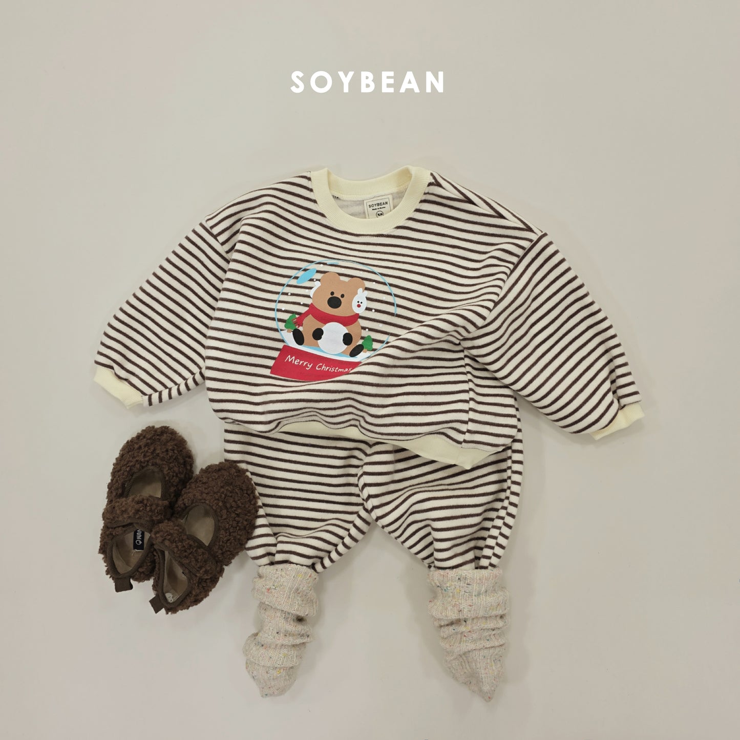 (Pre-order) Soybean Kids Winter - Snowball Stripe Fleece-Lined Top & Bottom Set 스노우볼단가라상하 (3 Colors)