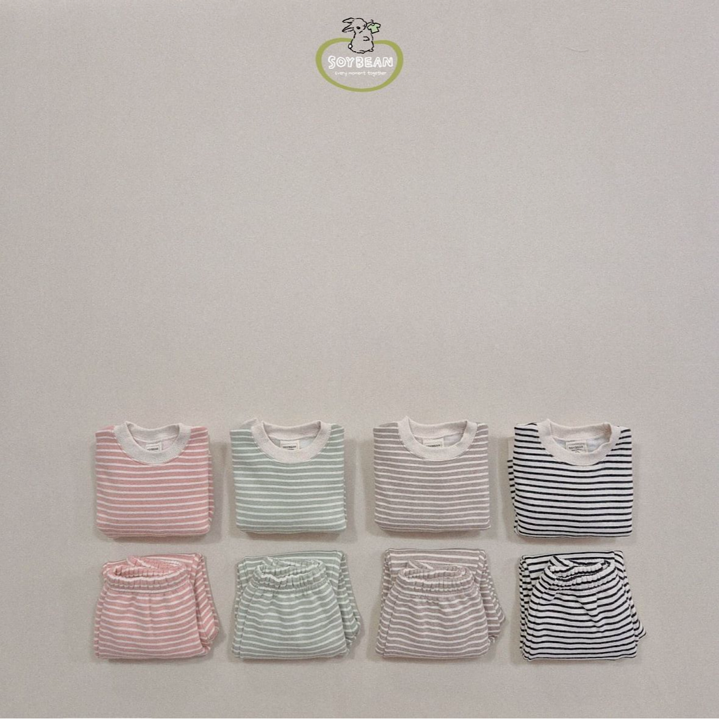 (Pre-order) Soybean Kids - Striped Fleece-Lined Top & Bottom Set 양기모단가라상하복 (4 Colors)