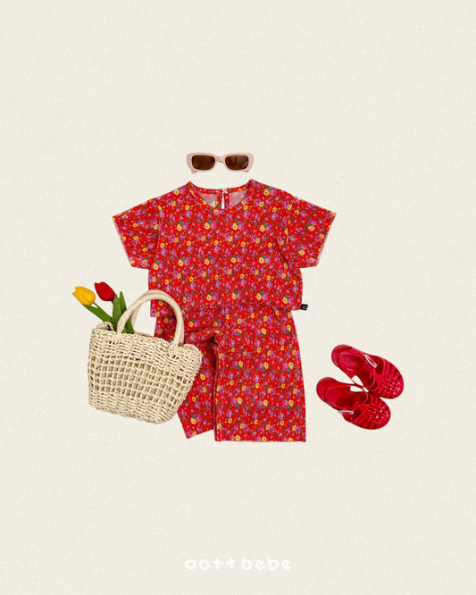 (Pre-order) OOTTBEBE Summer -  Flower Pleated Set 꽃송이플리츠상하복 (4 Colors)
