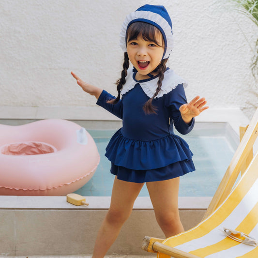 (Pre-order) KoongsKoongs Kids’ Premium Chouchou Ruffle Rash Guard Dress Set (Navy)
