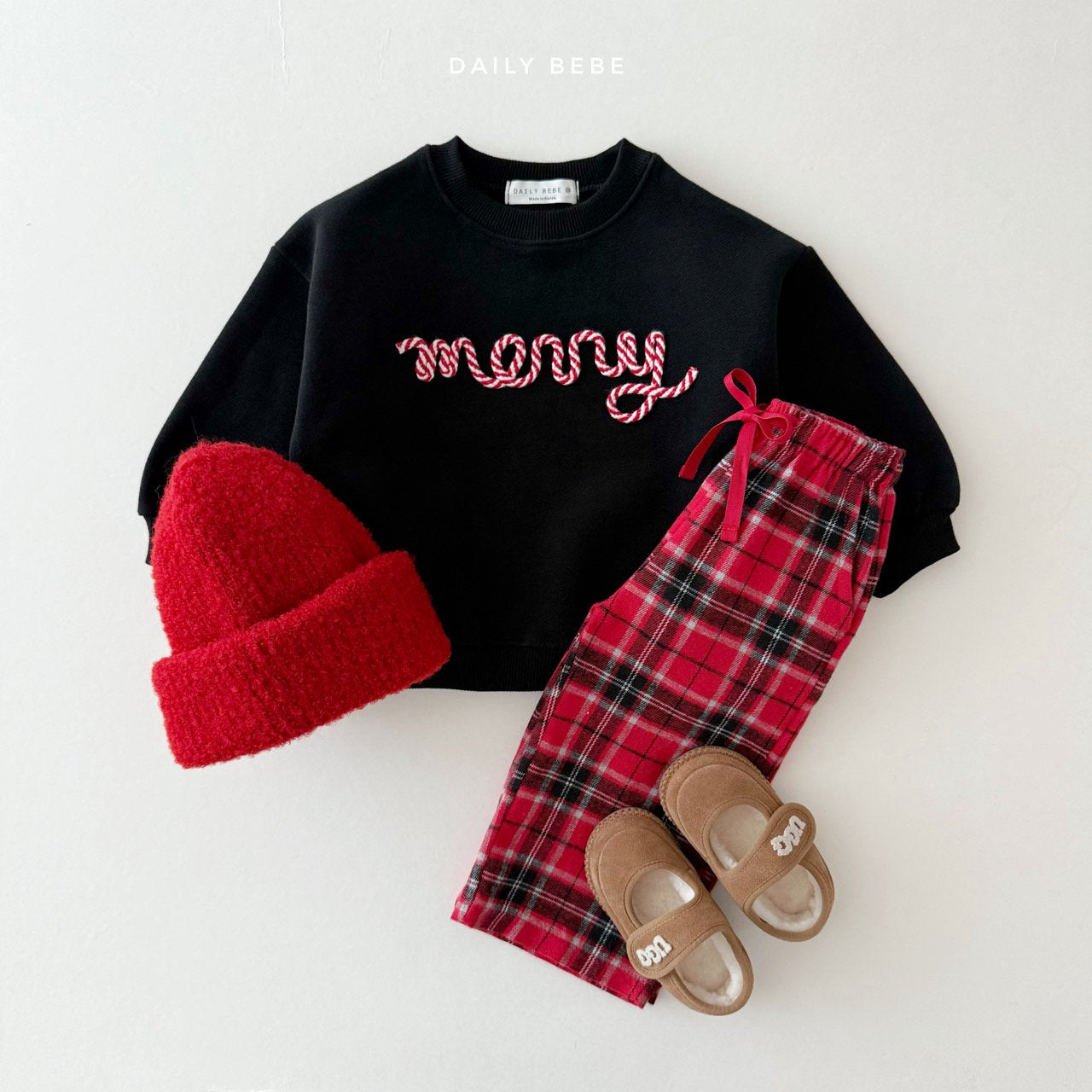 (Pre-order) Daily Bebe Winter - Kids' Embroidered Merry Candy Cane Sweatshirt 자수메리맨투맨 (2 Colors)