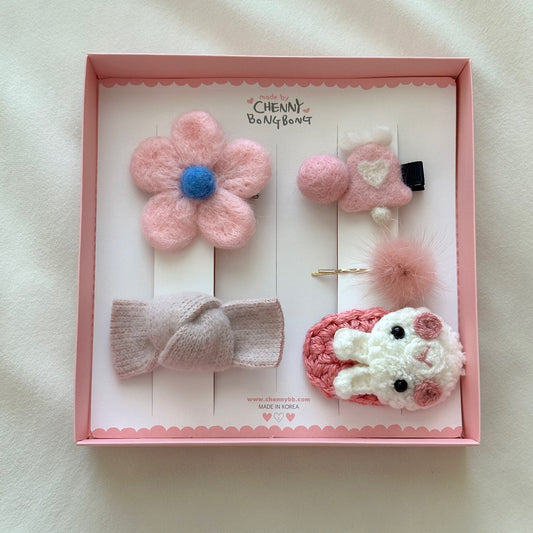 (Chenny Bong Bong) Kids’ Pink Flower Bunny Hair Clips 5-piece Set