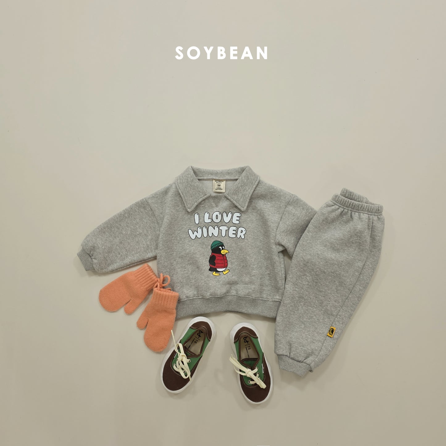 (Pre-order) Soybean Kids Winter - Cozy Penguin Collar Fleece-Lined Top & Bottom Set 포근펭귄카라상하복 (2 Colors)