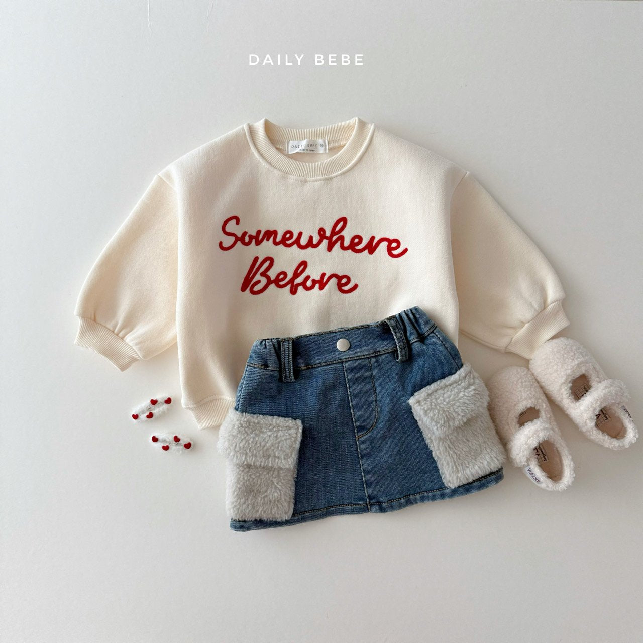 (Pre-order) Daily Bebe - Kids’ Denim Skirt with Fleece Pockets 카고 양털치마