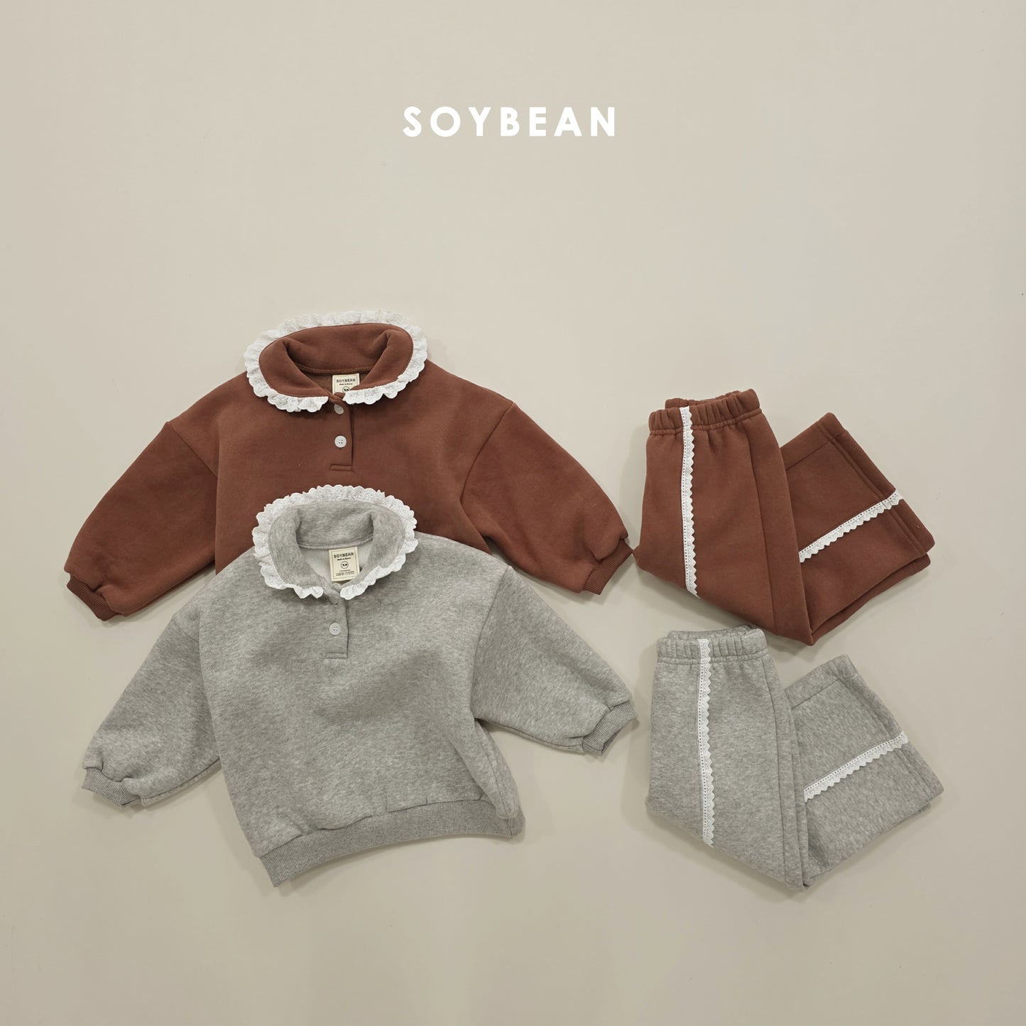 (Pre-order) Soybean Kids Winter - Collar Frill Fleece-Lined Top & Bottom Set 카라프릴양기모상하 (2 Colors)