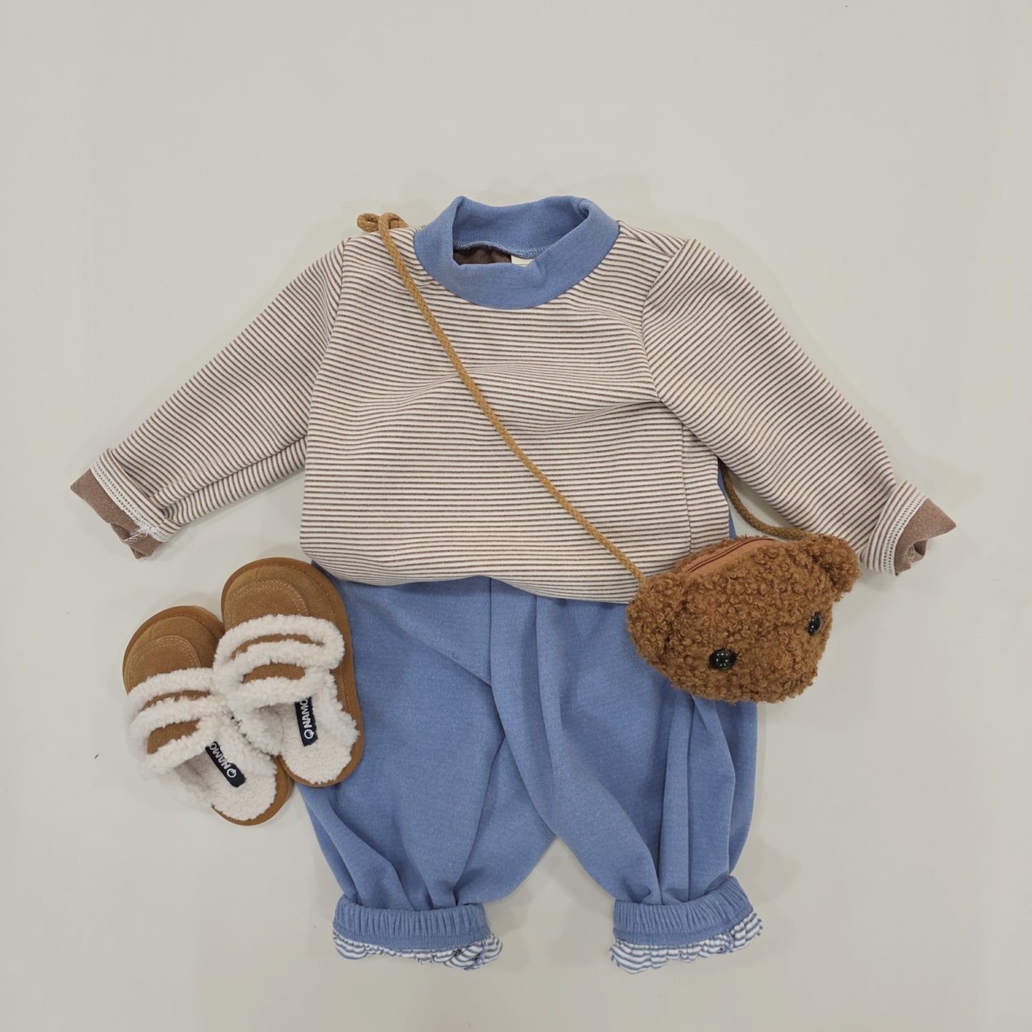 (Pre-order) Soybean Kids Winter - Bong Bong Stripe Fleece-Lined Top & Bottom Set 봉봉단가라상하 (3 Colors)