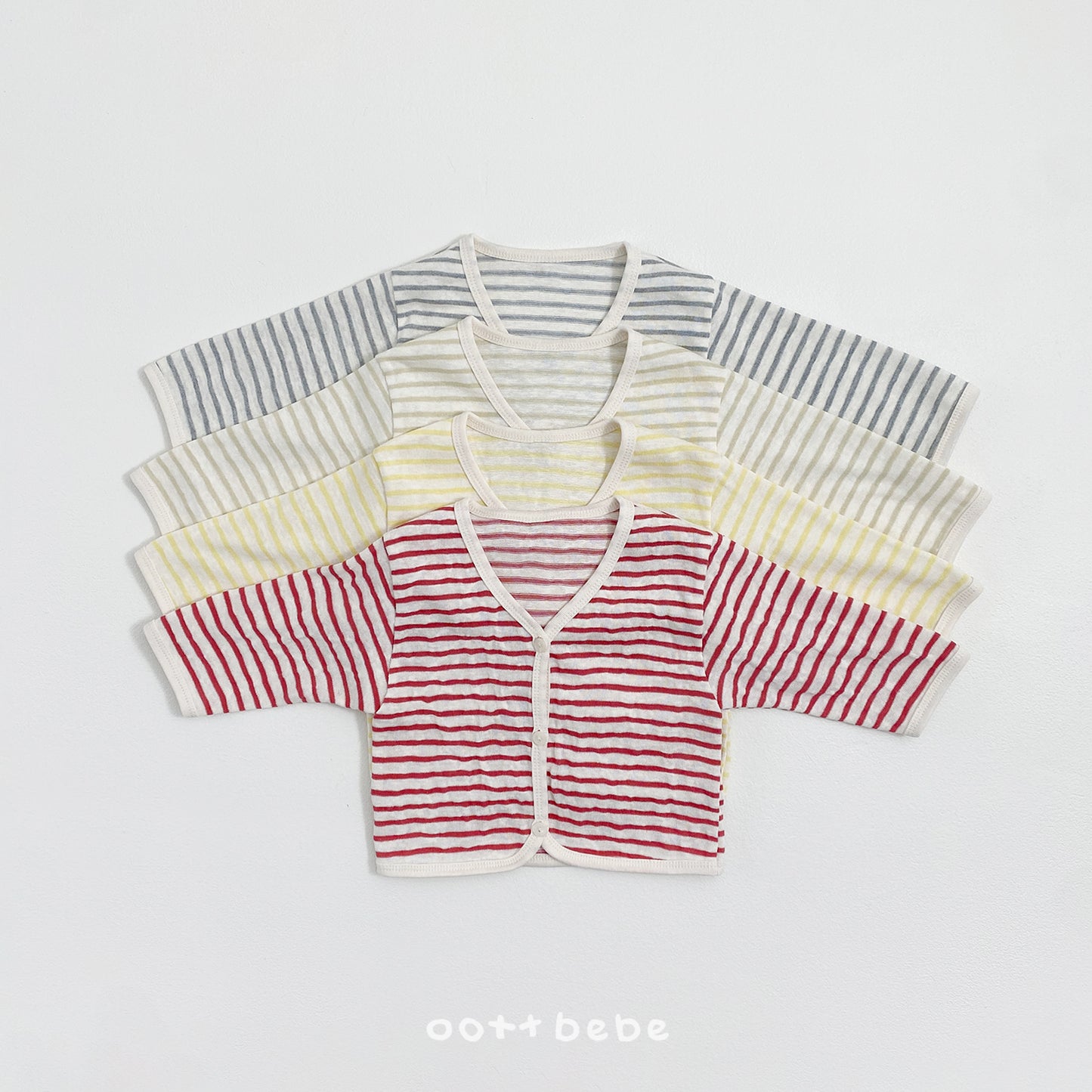 (Pre-order) OOTTBEBE Summer- Pale Striped Cardigan Set (Tee + Cardigan) 페일단가라가디건Set (티셔츠+가디건) (4 Colors)