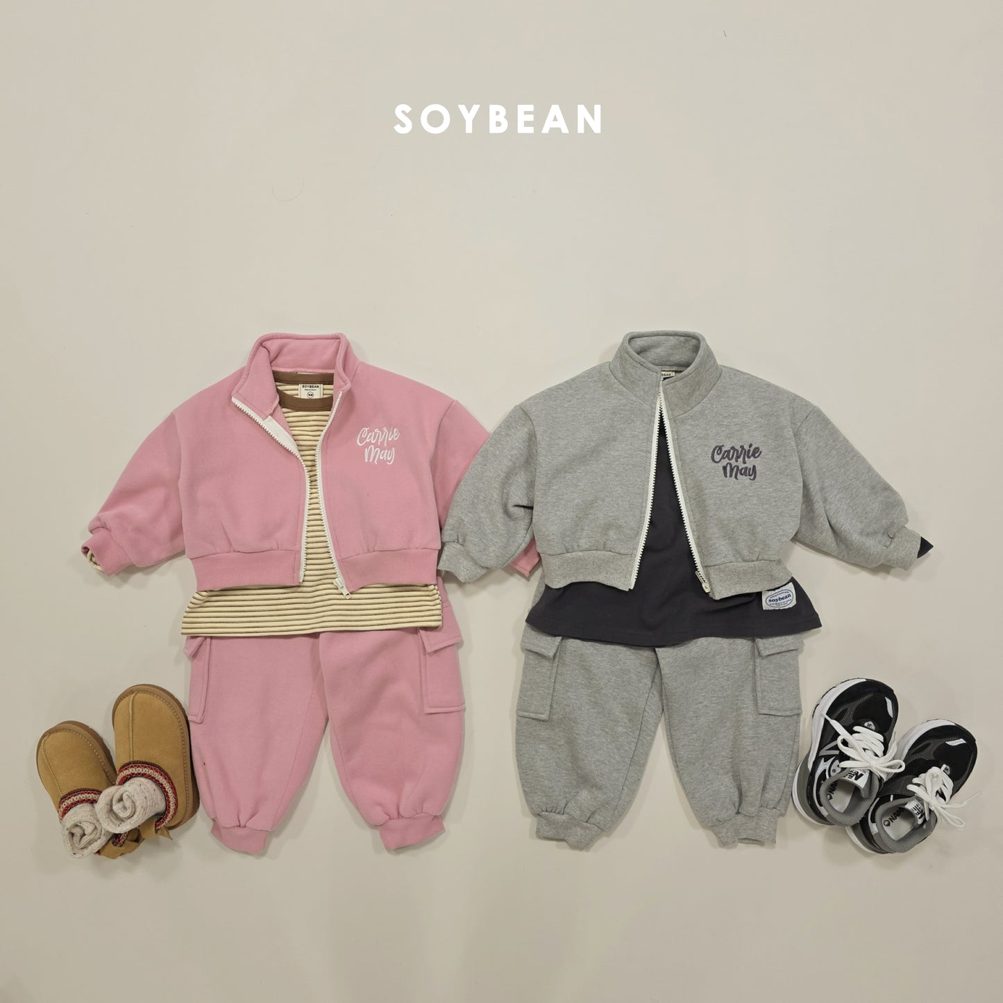 (Pre-order) Soybean Kids Winter - Zip-Up Cargo Fleece-Lined Top & Bottom Set 집업카고상하복 (2 Colors)