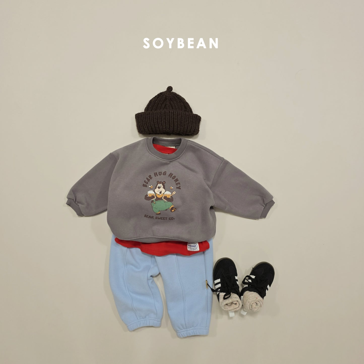 (Pre-order) Soybean Kids Winter - Honey Bear Fleece-Lined Sweatshirt 허니베어양기모맨투맨 (2 Colors)