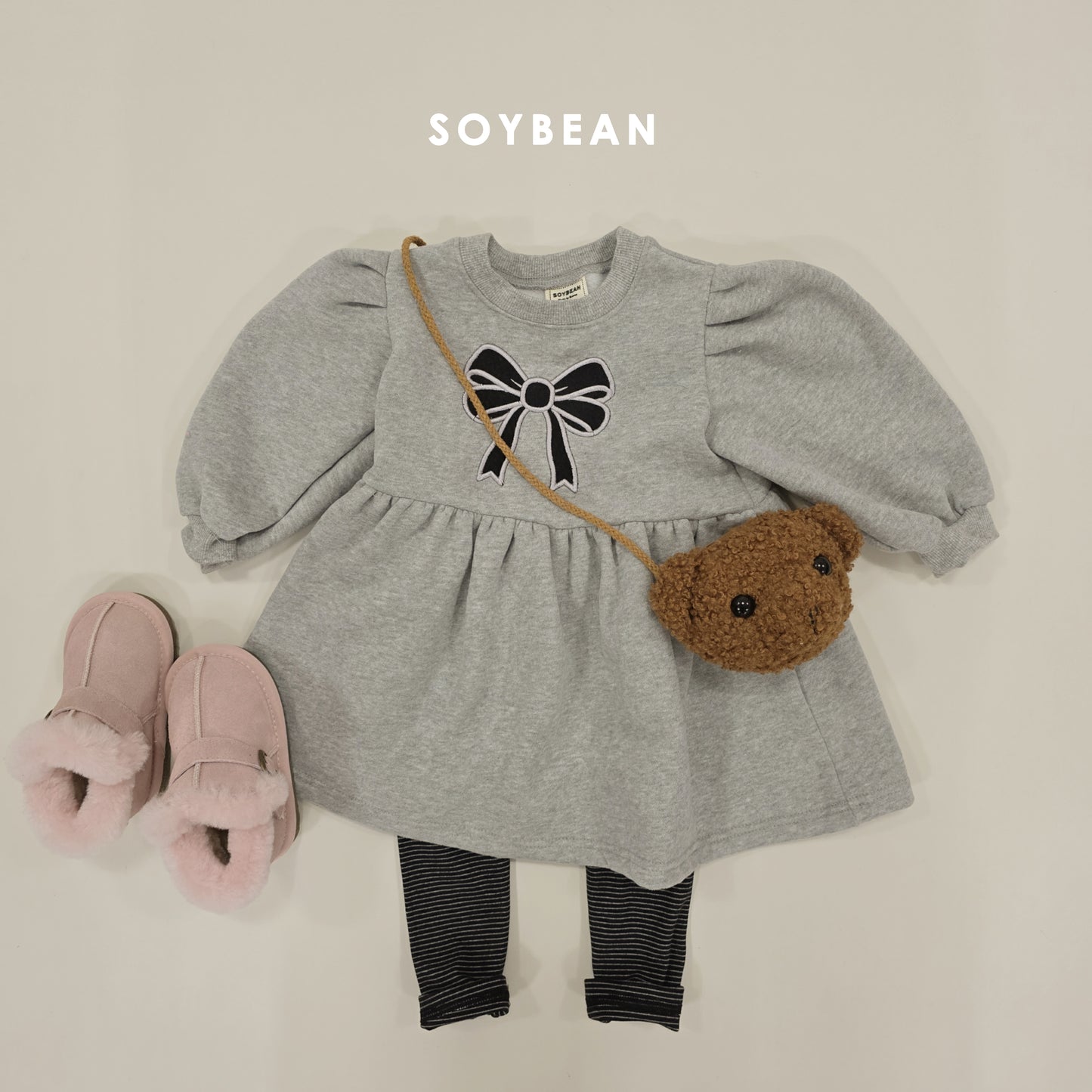 (Pre-order) Soybean Kids Winter - Ribbon Fleece-Lined Sweatshirt Dress 리본양기모맨투맨OPS (2 Colors)