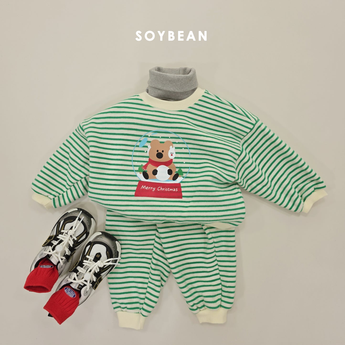 (Pre-order) Soybean Kids Winter - Snowball Stripe Fleece-Lined Top & Bottom Set 스노우볼단가라상하 (3 Colors)