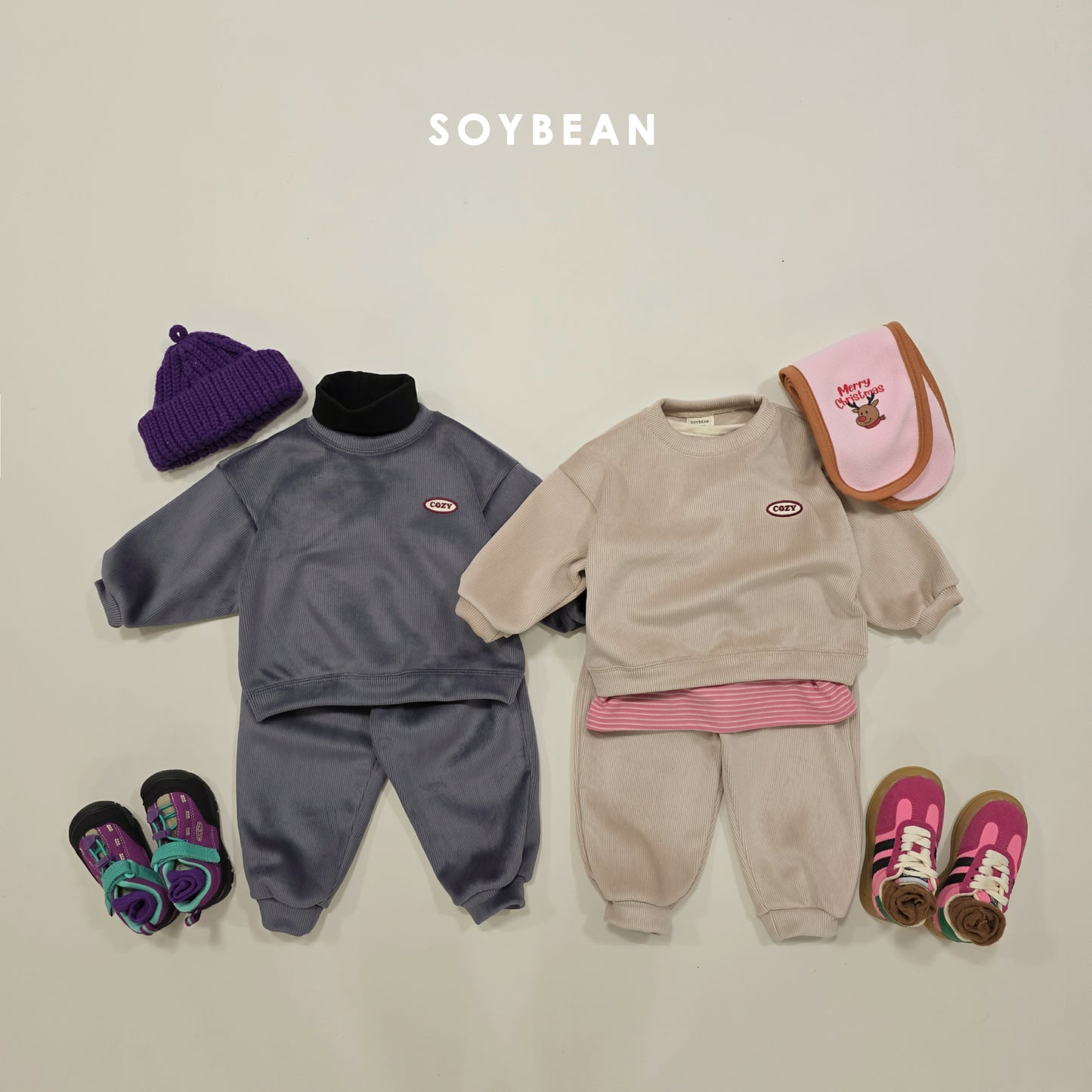 (Pre-order) Soybean Kids Winter - Minky Cozy Ribbed Fleece-Lined Top & Bottom Set 밍크코지상하복 (4 Colors)