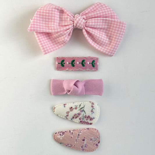 (Chenny Bong Bong) Kids’ Pink Check Hair Clips 5-piece Set