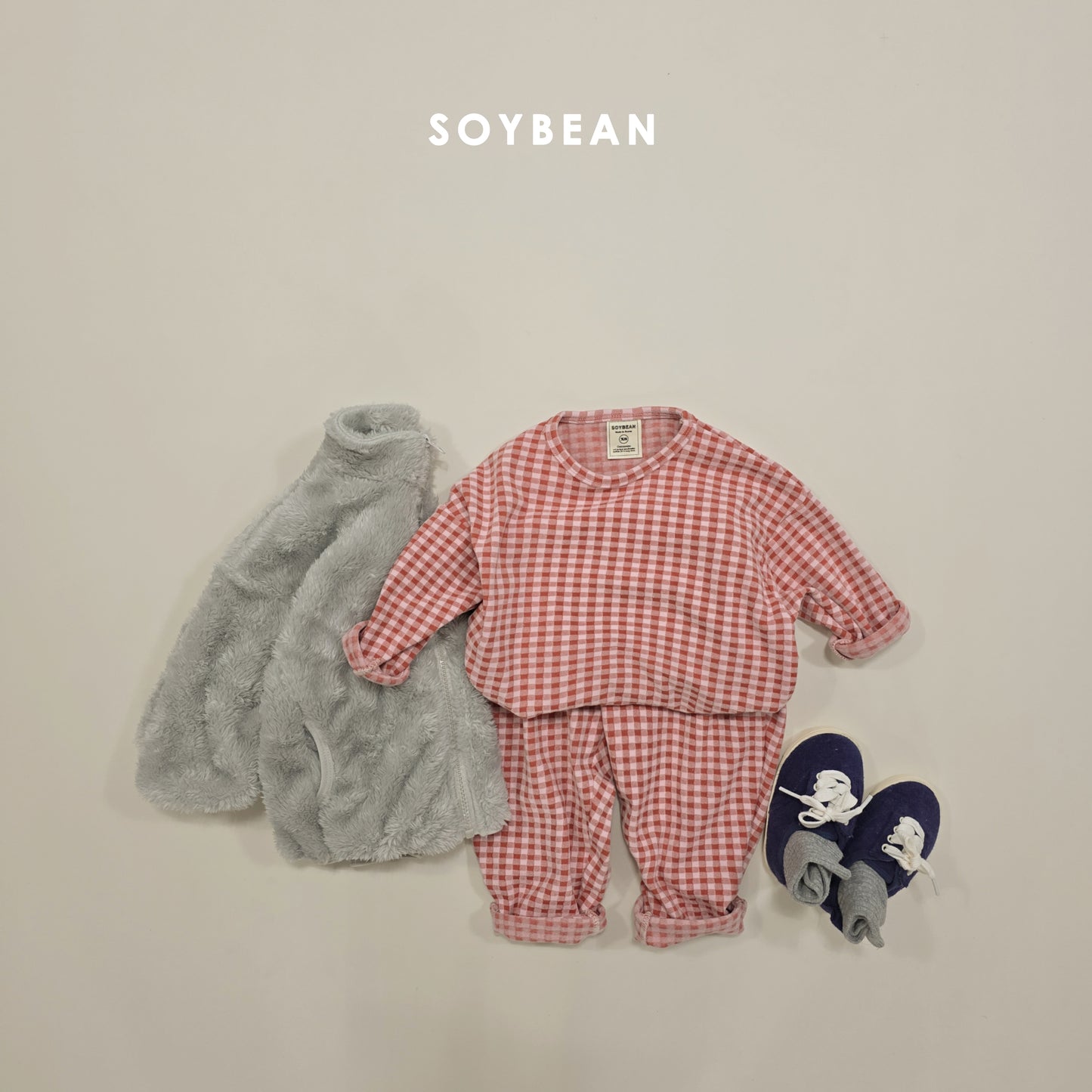 (Pre-order) Soybean Kids Winter - Check Cozy Fleece Top & Bottom Set 체크몽글실내복 (3 Colors)