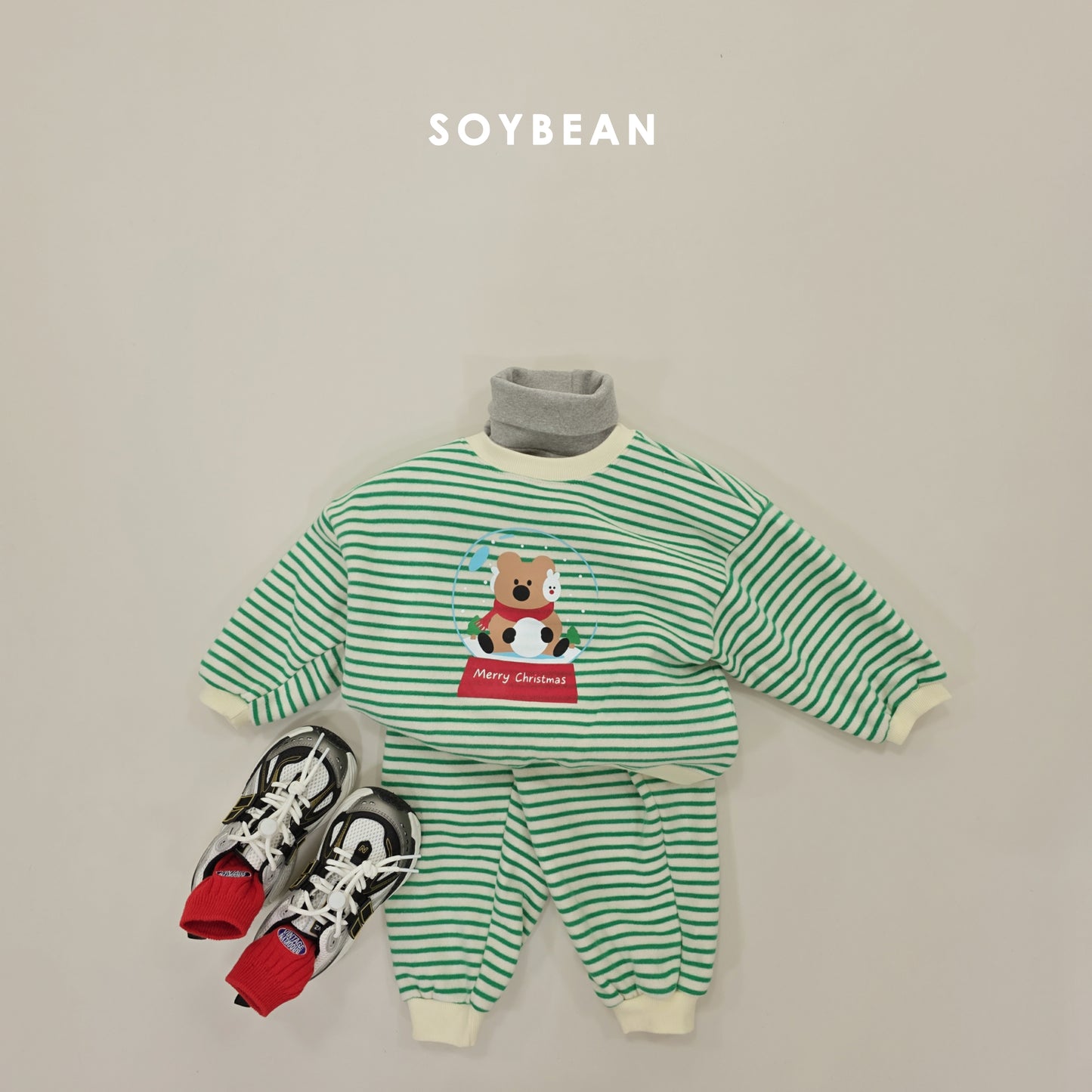 (Pre-order) Soybean Kids Winter - Snowball Stripe Fleece-Lined Top & Bottom Set 스노우볼단가라상하 (3 Colors)