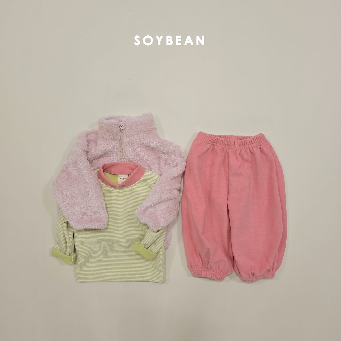 (Pre-order) Soybean Kids Winter - Bong Bong Stripe Fleece-Lined Top & Bottom Set 봉봉단가라상하 (3 Colors)
