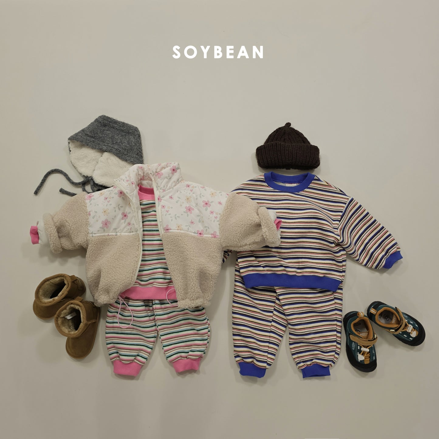 (Pre-order) Soybean Kids Winter - Rainbow Mochi Fleece-Lined Top & Bottom Set 무지개모찌상하복 (2 Colors)