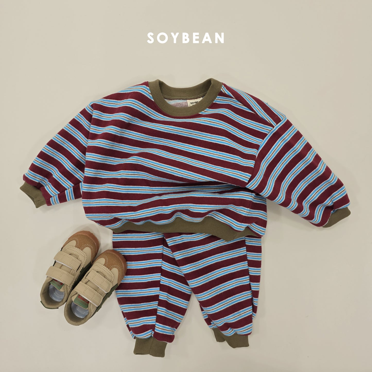 (Pre-order) Soybean Kids Winter - Color Block Stripe Fleece-Lined Top & Bottom Set 톡톡줄배색상하복 (3 Colors)