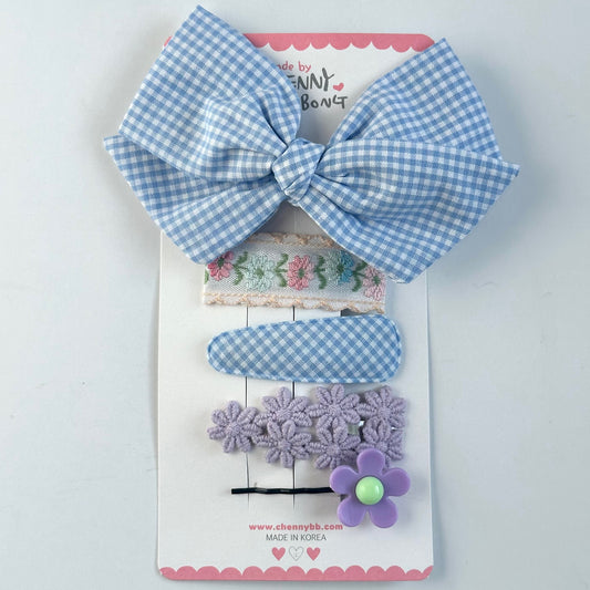 (Chenny Bong Bong) Kids’ Blue Check Hair Clips 5-piece Set