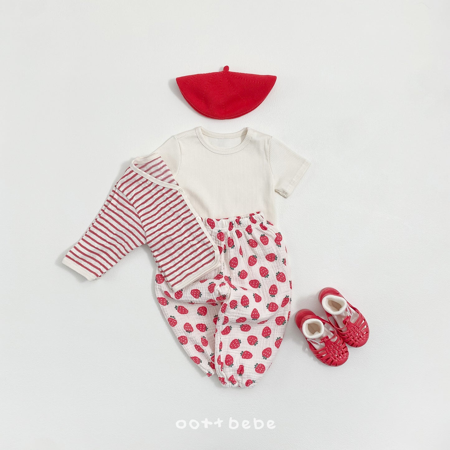 (Pre-order) OOTTBEBE Summer- Pale Striped Cardigan Set (Tee + Cardigan) 페일단가라가디건Set (티셔츠+가디건) (4 Colors)