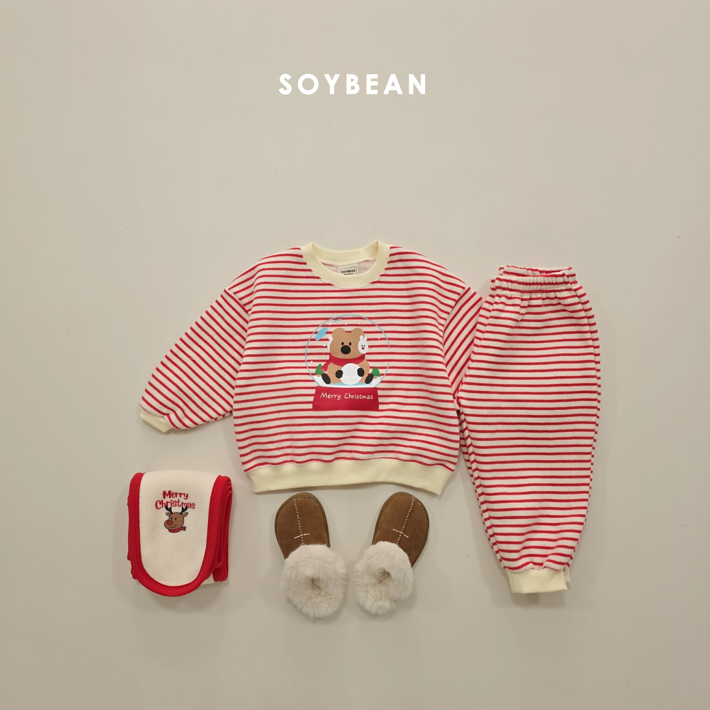 (Pre-order) Soybean Kids Winter - Snowball Stripe Fleece-Lined Top & Bottom Set 스노우볼단가라상하 (3 Colors)