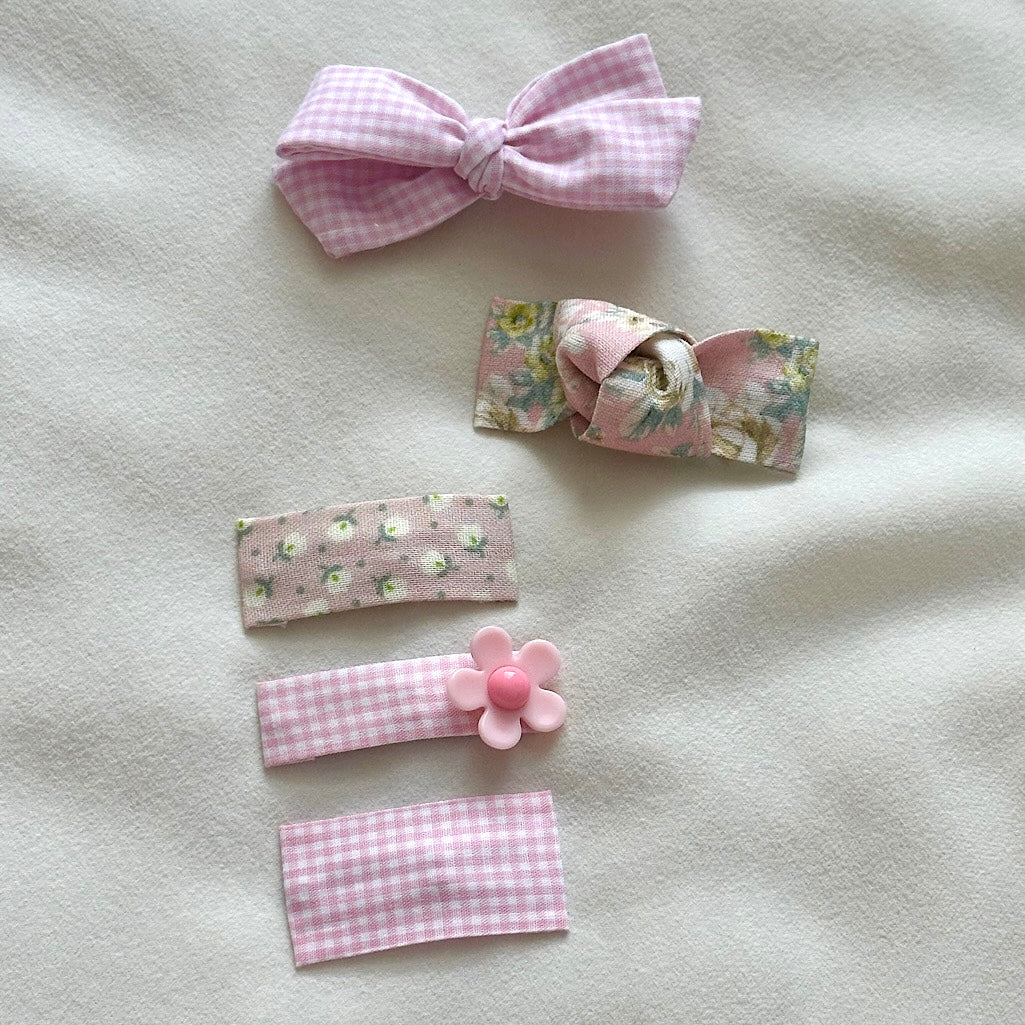 (Chenny Bong Bong) Kids’ Blossom Pink Gingham Hair Clips 4-piece Set