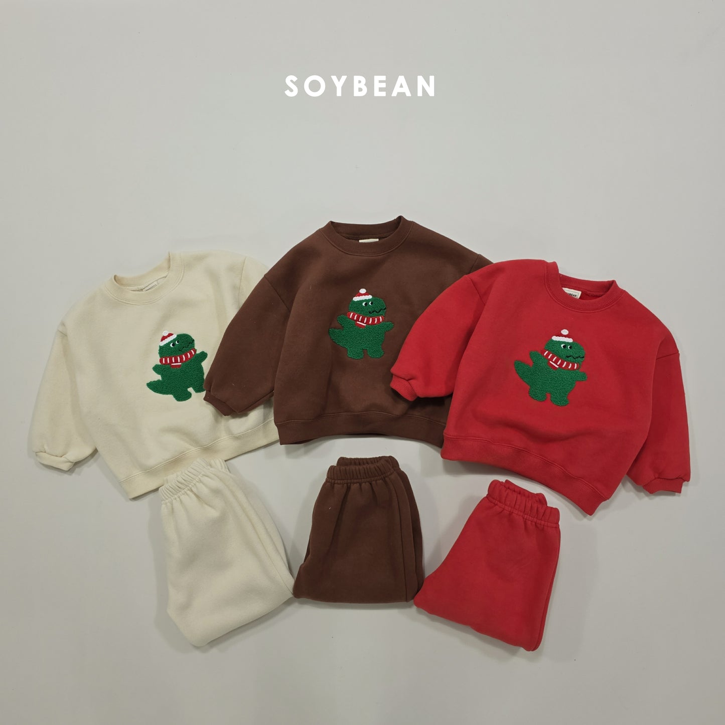 (Pre-order) Soybean Kids Winter - Dinosaur Bouclé Embroidery Fleece-Lined Top & Bottom Set 공룡부클자수상하복 (3 Colors)