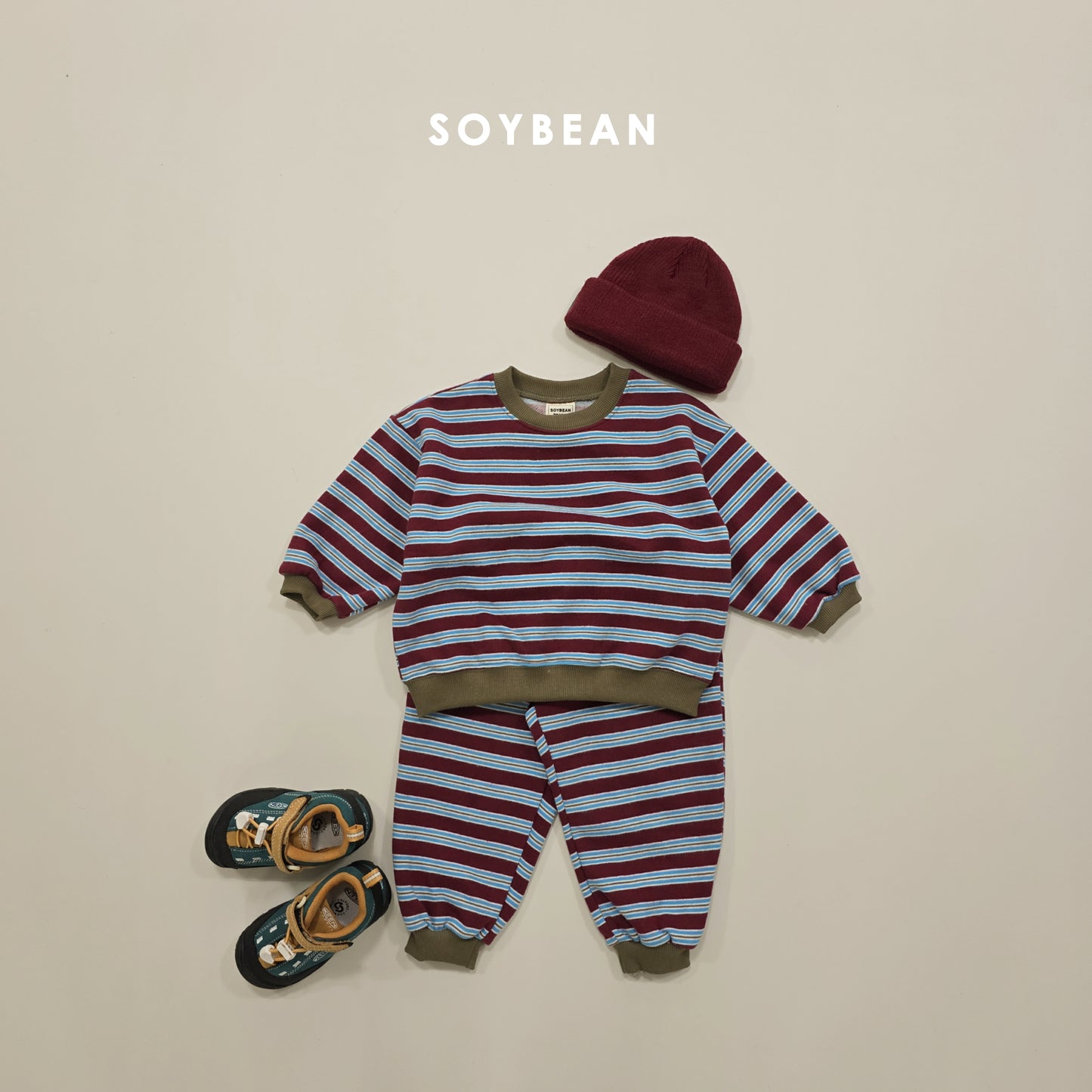 (Pre-order) Soybean Kids Winter - Color Block Stripe Fleece-Lined Top & Bottom Set 톡톡줄배색상하복 (3 Colors)