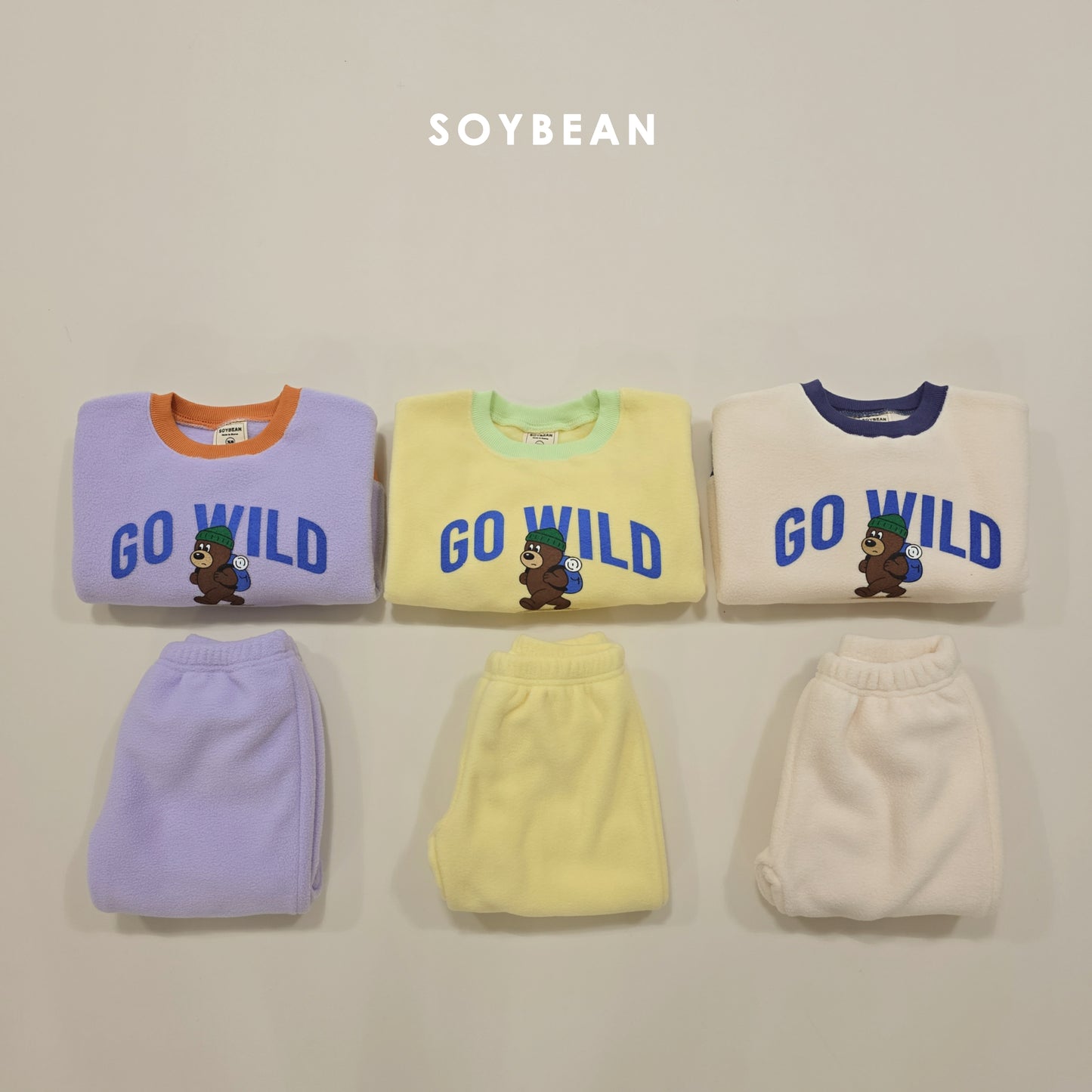 (Pre-order) Soybean Kids Winter - Camping Bear Fleece Top & Bottom Set 캠핑베어플리스상하 (3 Colors)
