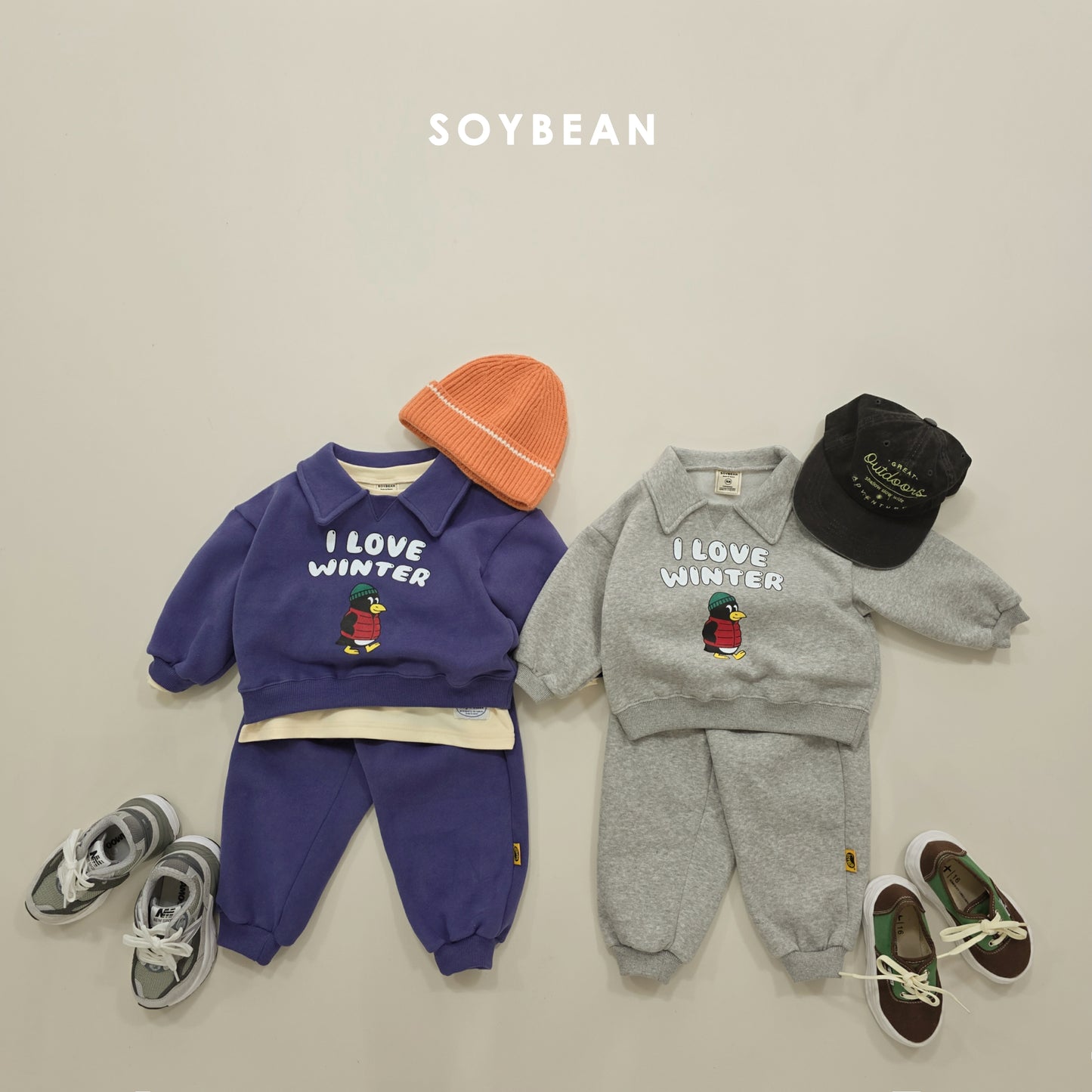(Pre-order) Soybean Kids Winter - Cozy Penguin Collar Fleece-Lined Top & Bottom Set 포근펭귄카라상하복 (2 Colors)