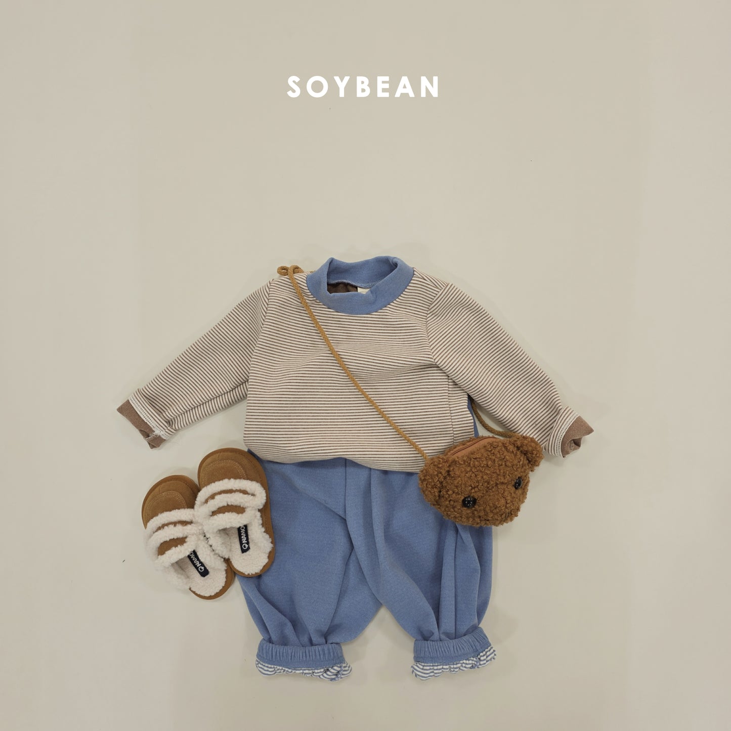(Pre-order) Soybean Kids Winter - Bong Bong Stripe Fleece-Lined Top & Bottom Set 봉봉단가라상하 (3 Colors)