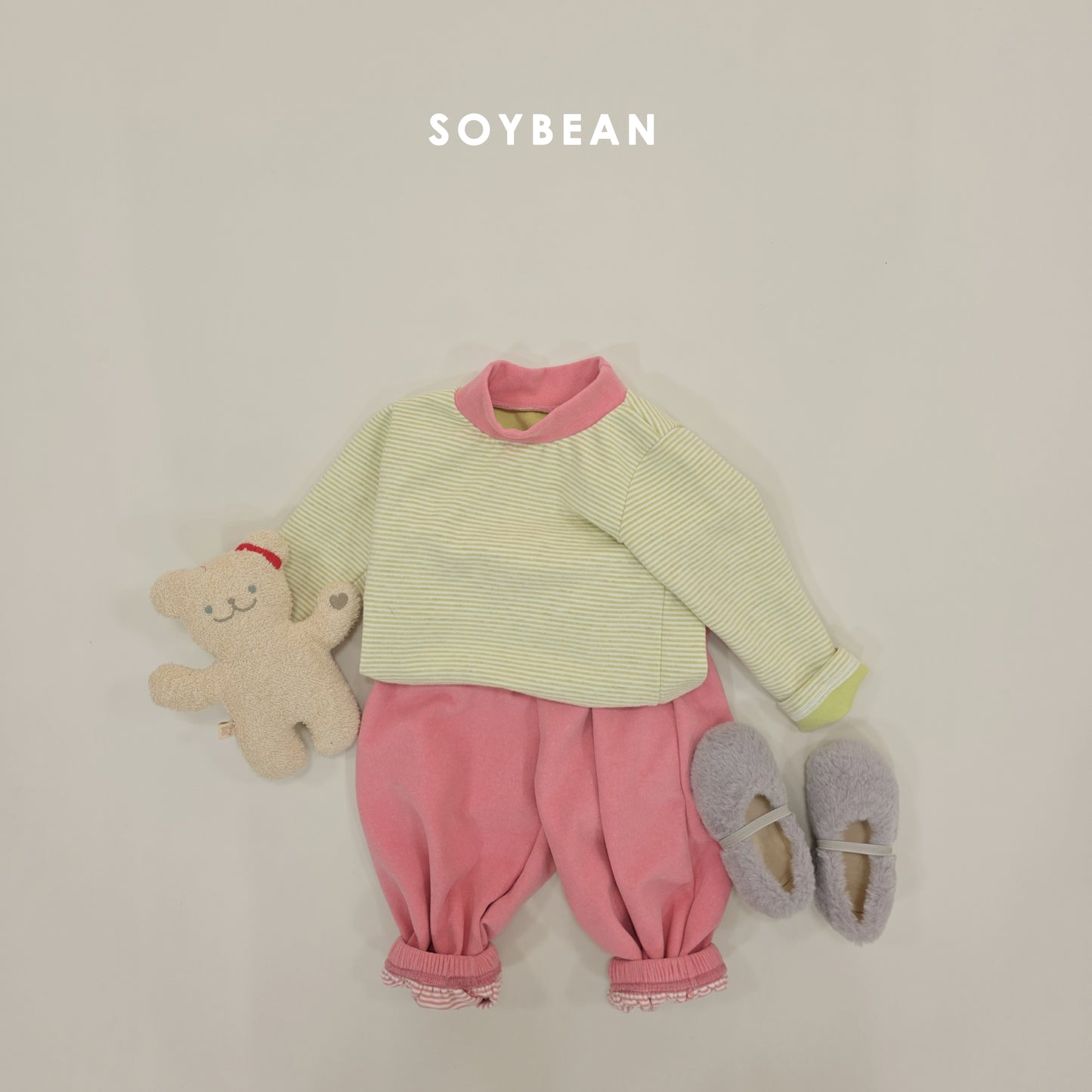 (Pre-order) Soybean Kids Winter - Bong Bong Stripe Fleece-Lined Top & Bottom Set 봉봉단가라상하 (3 Colors)